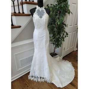 Lenovia Women White Polyester Halter Neck Sleeveless Wedding Maxi Dress Size 10